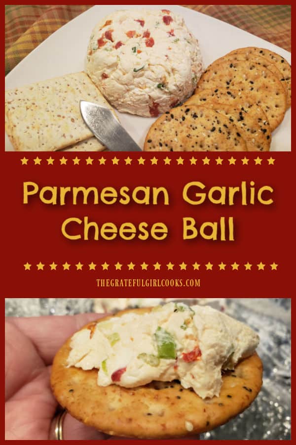 Make a Parmesan Garlic Cheese Ball for a snack, party or potluck! Simple to make, this yummy appetizer is spread on a variety of crackers!