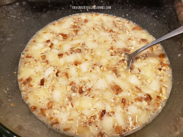 Chopped pears, pecans and vanilla extract are added to the batter.