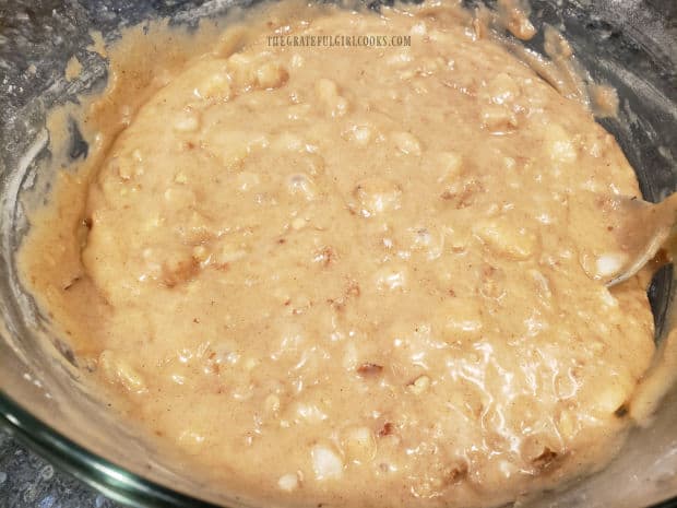 The batter for the bread is thoroughly combined and ready to pour into loaf pans.