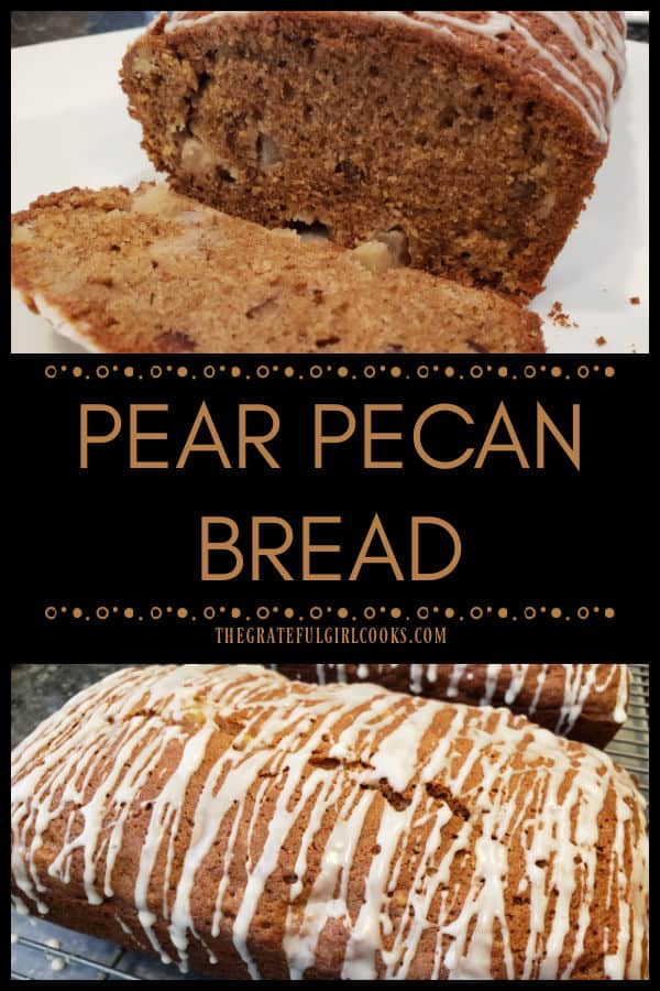 Make 2 loaves of absolutely delicious Pear Pecan Bread, drizzled with a sweet vanilla glaze. Make one loaf for you and another for a friend!