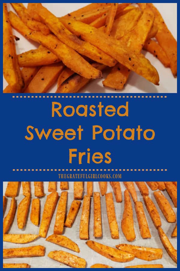 Roasted sweet potato fries with a sweet/spicy seasoning are a yummy treat! They're a great side dish, served with burgers and sandwiches. 