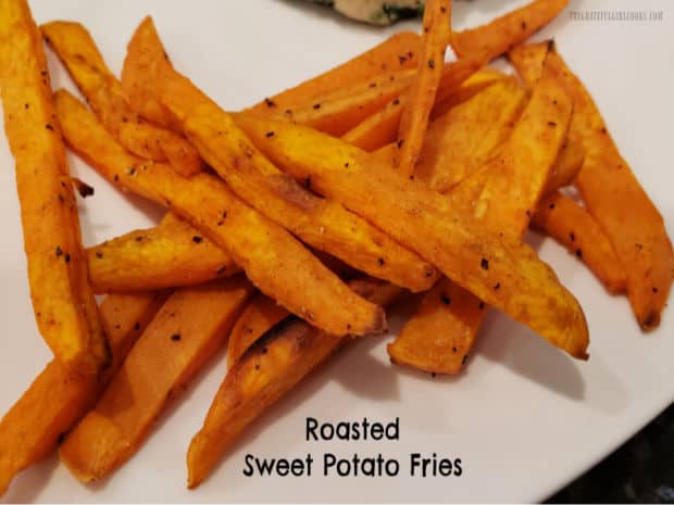 Roasted sweet potato fries with a sweet/spicy seasoning are a yummy treat! They're a great side dish, served with burgers and sandwiches. 