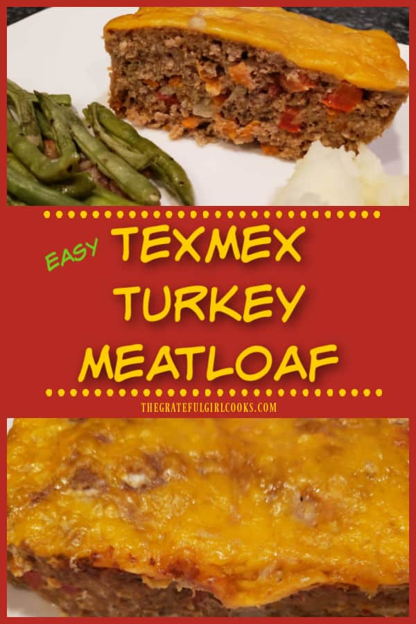 Make a yummy, cheese-topped TexMex Turkey Meatloaf, with onion, bell pepper, and Mexican spices. This EASY TO MAKE main dish has great FLAVOR!