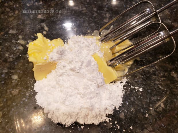 Butter is creamed with powdered sugar for the cookie dough.