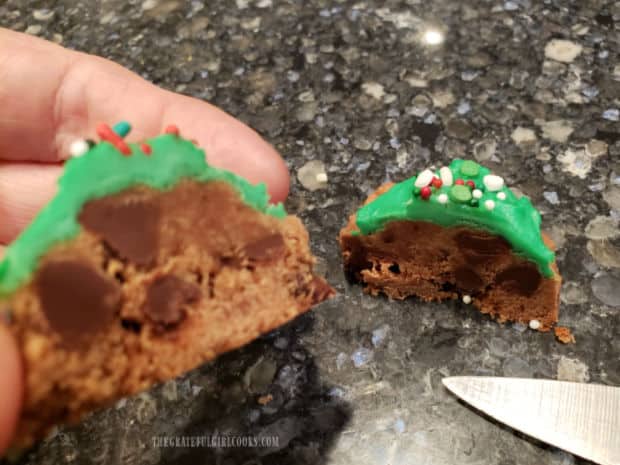A look at the inside of one of the chocolate mint cookie bites, which has been cut in half.