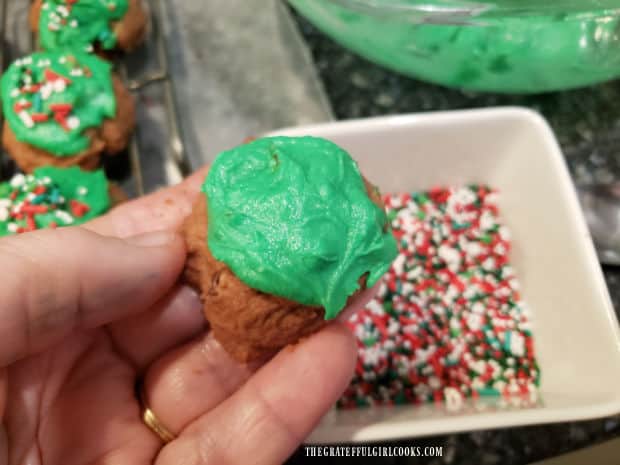 After the cookies cool, they are topped with some of the peppermint green frosting.