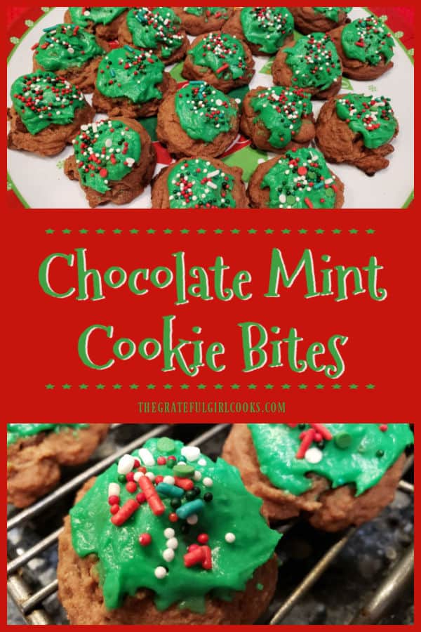 Chocolate Mint Cookie Bites are shortbread-like cookies, with peppermint flavoring in the cookie and the frosting! They're easy and delicious!