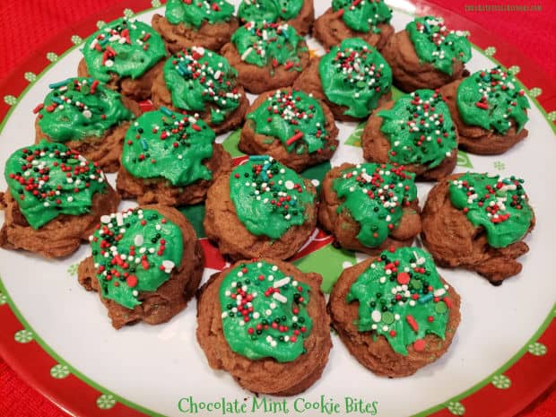 Chocolate Mint Cookie Bites are shortbread-like cookies, with peppermint flavoring in the cookie and the frosting! They're easy and delicious!