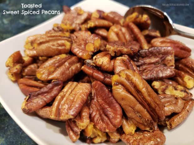 Whip up Toasted Sweet Spiced Pecans in 5 minutes! Pan-roasted pecans are a little bit sweet and spicy, and are a yummy snack or salad topper!