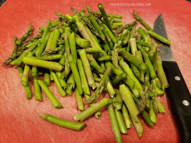 The asparagus stalks are cut into 2" long pieces before cooking.