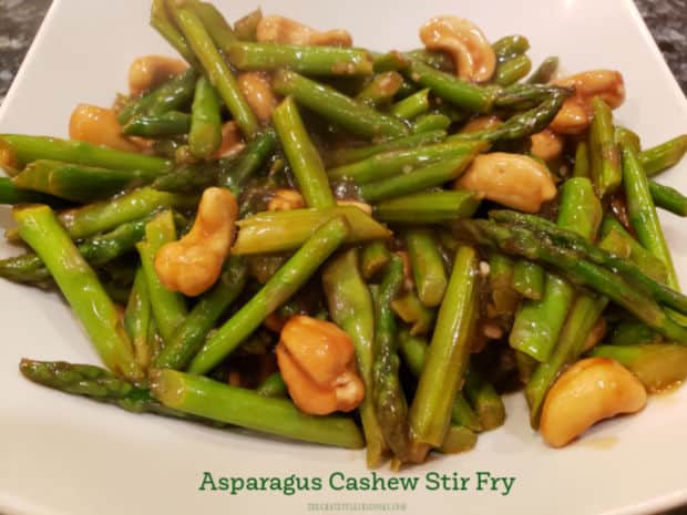 Asparagus Cashew Stir Fry is a simple, delicious side dish, with fresh asparagus, cashews, garlic and ginger in a yummy stir fry sauce!
