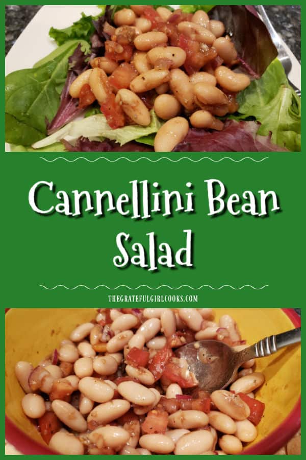 Cannellini Bean Salad with tomatoes, onion, olive oil, balsamic, vinegar and garlic is easy to make and delicious as a salad topper OR a dip! 
