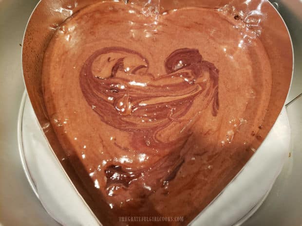 The batter is poured into the springform pan (this one shaped like a heart)