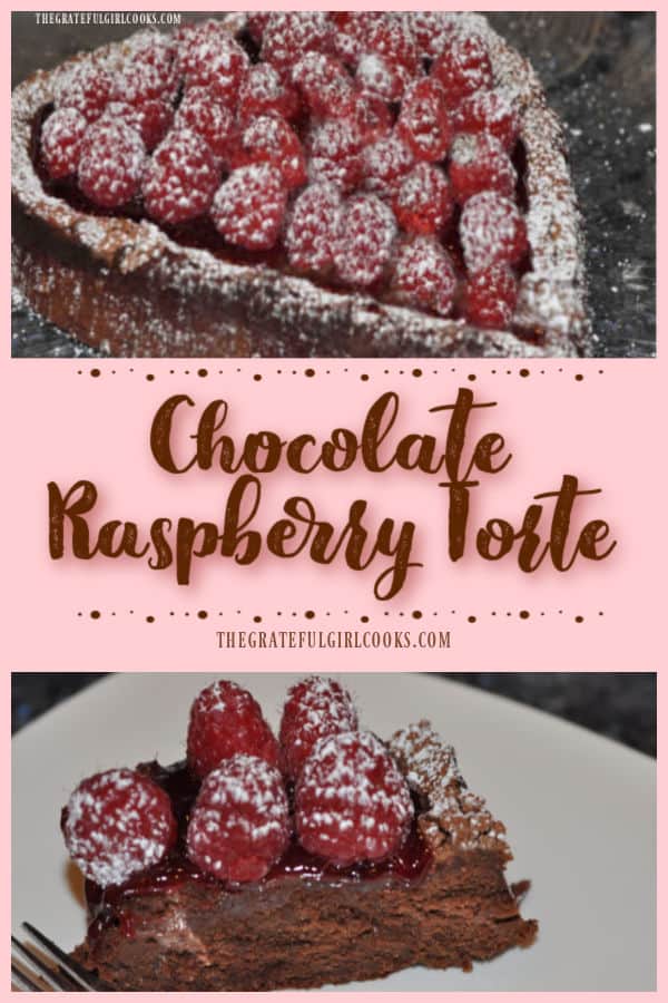 Chocolate Raspberry Torte is a decadent, fudgy dessert, topped with raspberry glaze, fresh raspberries and powdered sugar! It tastes amazing!