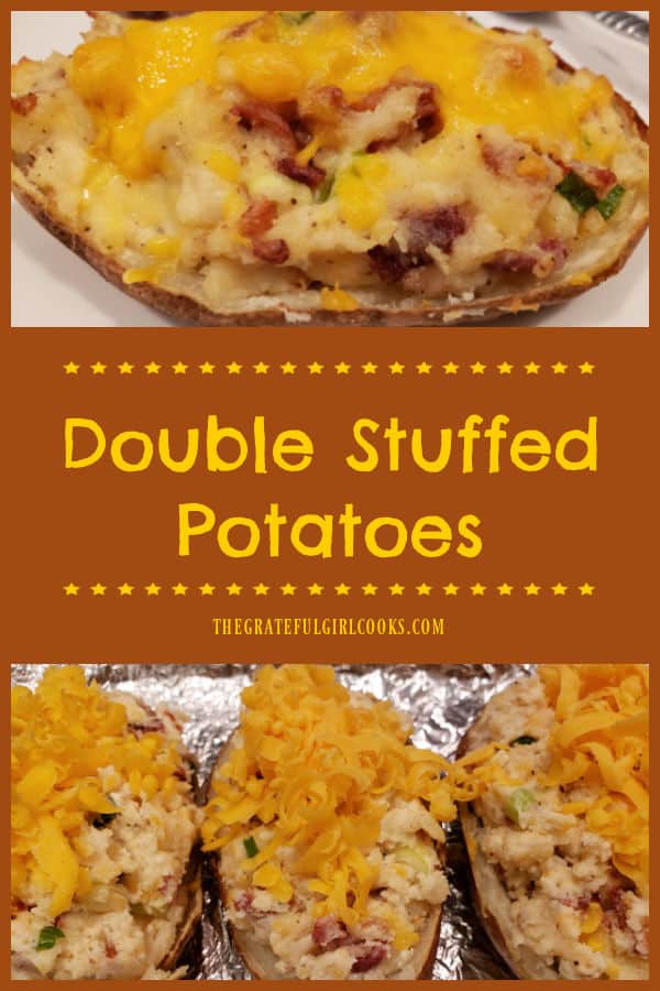 Double Stuffed Potatoes are a tasty side dish! Potato skins are filled with mashed potatoes, sour cream, bacon, cheese, butter and scallions!