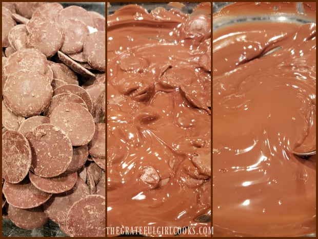 The chocolate candy wafers are melted to make round spheres for the hot cocoa bombs.