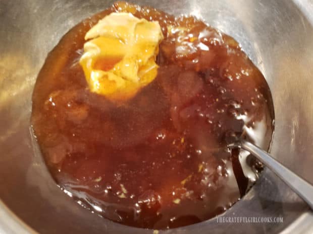 Orange marmalade, Dijon mustard, honey, Tabasco and water in a small bowl for mixing the sauce.