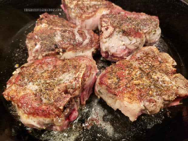 The lamb chops are pan-seared on both sides for 3-4 minutes, until browned.