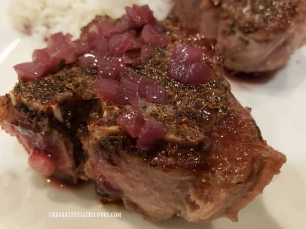 Covered with sauce, the rosemary wine lamb chops are tender and delicious.