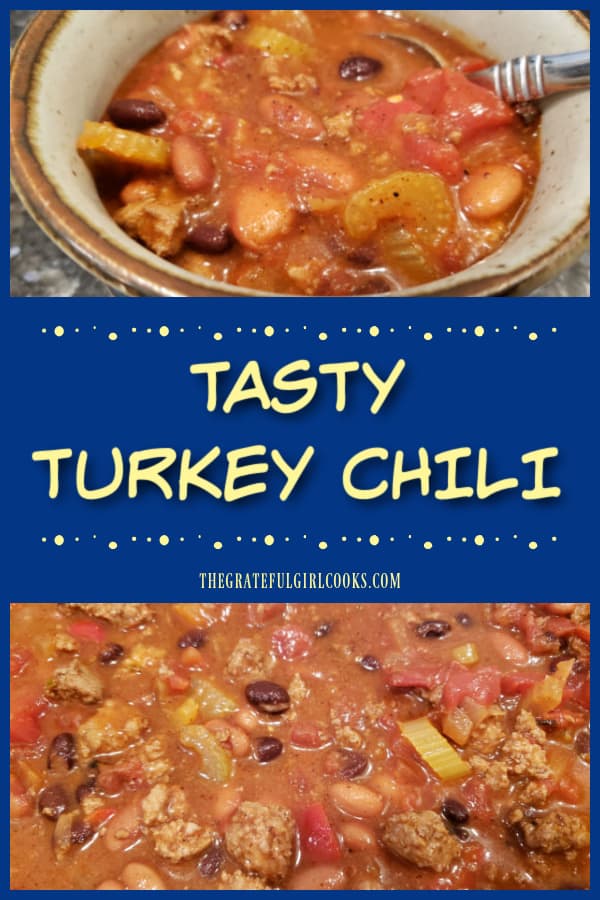 Make a pot of tasty turkey chili with fresh veggies, spices, pinto beans and black beans. Chili is easy to make, filling, and tastes great!