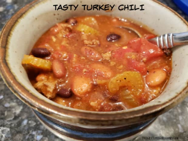 Make a pot of tasty turkey chili with fresh veggies, spices, pinto beans and black beans. Chili is easy to make, filling, and tastes great!