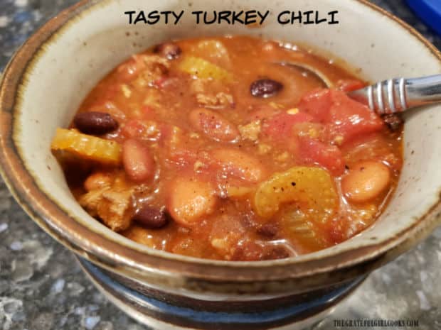 Make a pot of tasty turkey chili with fresh veggies, spices, pinto beans and black beans. Chili is easy to make, filling, and tastes great!