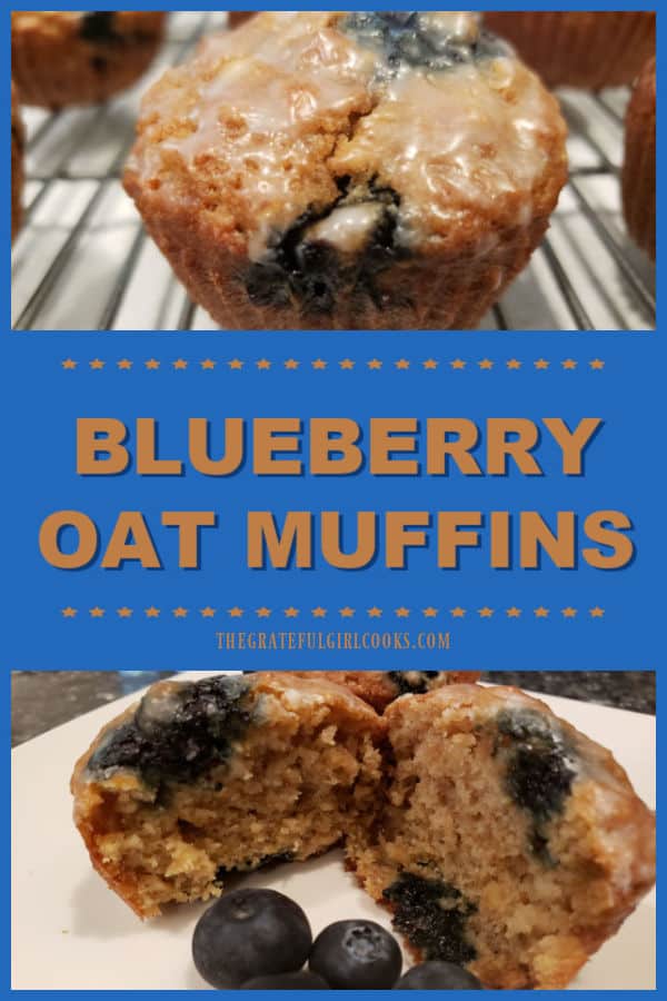 Glazed Blueberry Oat Muffins, with blueberries, oats, brown sugar and cinnamon are yummy for breakfast or a snack! Recipe makes 12 muffins.