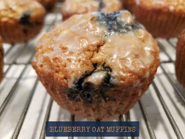 Glazed Blueberry Oat Muffins, with blueberries, oats, brown sugar and cinnamon are yummy for breakfast or a snack! Recipe makes 12 muffins.