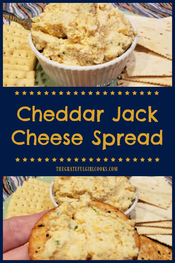 Cheddar Jack Cheese Spread is easy to make, features three cheeses, and is a delicious snack or appetizer, served with your favorite crackers! 