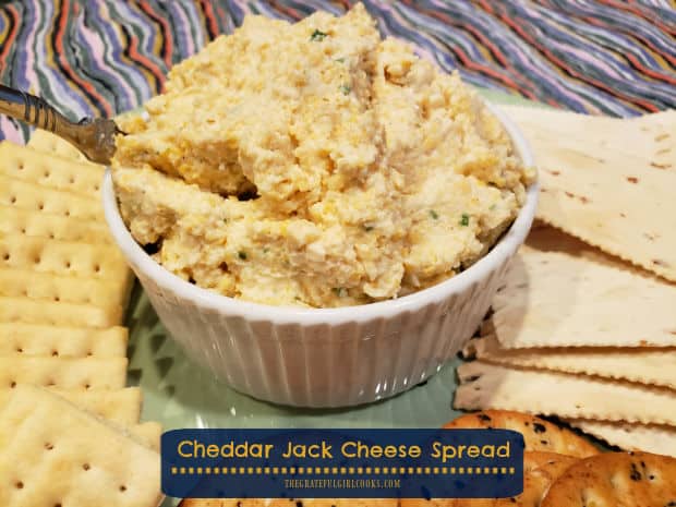 Cheddar Jack Cheese Spread is easy to make, features three cheeses, and is a delicious snack or appetizer, served with your favorite crackers! 