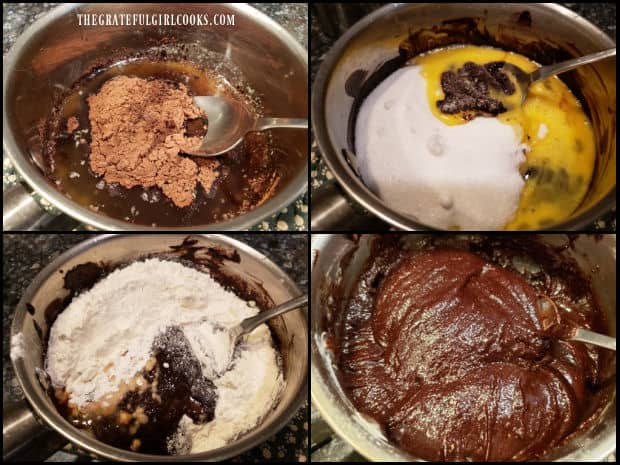 A four photo collage showing the steps for making the brownie batter in a saucepan.