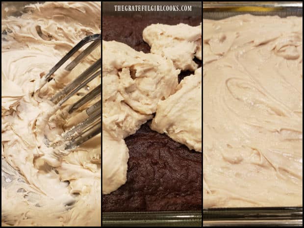 Irish cream flavored frosting is mixed together, then spread on cooled brownies.