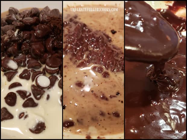 Three photo collage showing chocolate ganache made by microwaving ingredients & stirring until smooth.