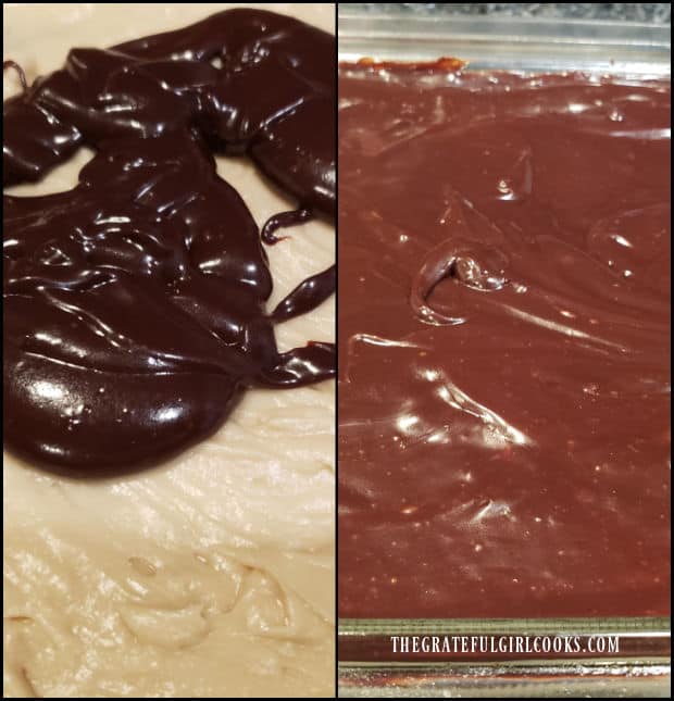 Irish cream chocolate ganache is spread on top of the frosting layer on the brownies.