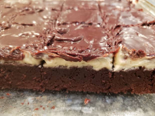 Photo showing all three layers: brownie layer, frosting layer, and chocolate ganache layer on top.