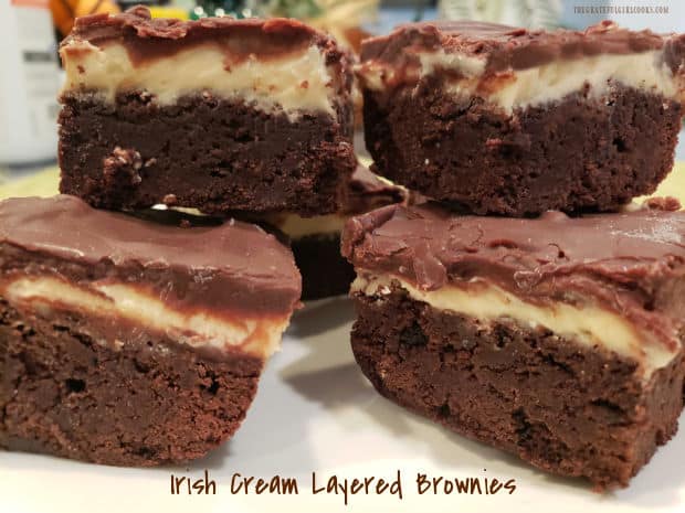 Irish Cream Layered Brownies are a decadent treat! Fudgy brownies with 2 layers of Irish cream-infused chocolate ganache and buttercream! YUM!