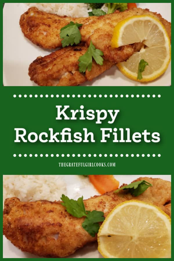 Pan-seared Krispy Rockfish Fillets have a seasoned flour/cornmeal/puffed rice coating, creating an easy, delicious main dish to enjoy.
