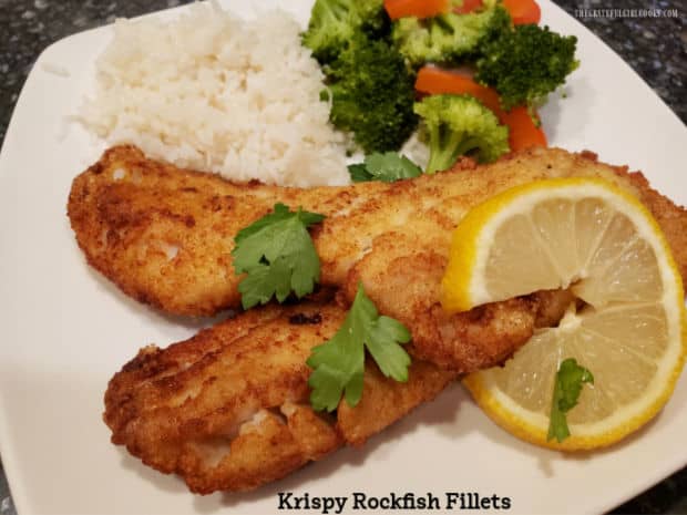 Pan-seared Krispy Rockfish Fillets have a seasoned flour/cornmeal/puffed rice coating, creating an easy, delicious main dish to enjoy.