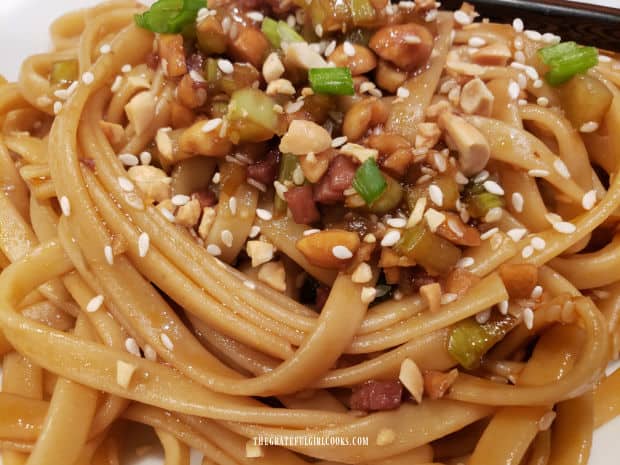 Simple Szechuan Noodles are served, topped with peanuts, green onions and sesame seeds.
