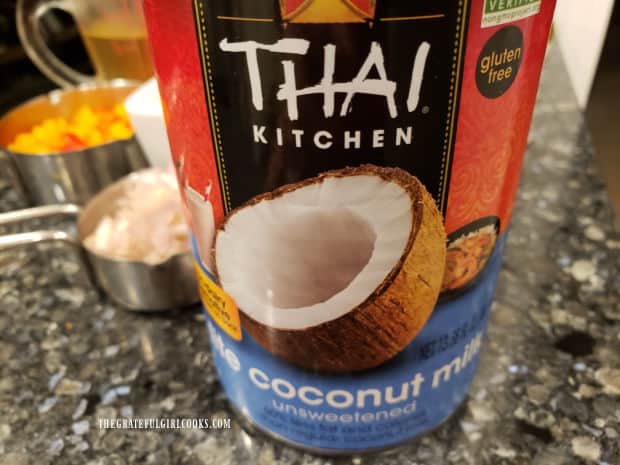 Canned coconut milk is used in the green curry sauce for the mussels.