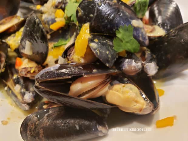 One of the cooked Thai green curry mussels shown inside its open shell.