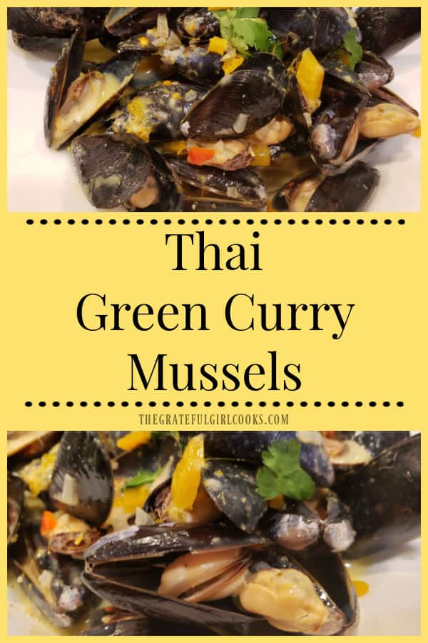 Thai Green Curry Mussels are a delicious dish! Mussels are served in a coconut curry sauce, with ginger, garlic, lime, shallots and peppers.