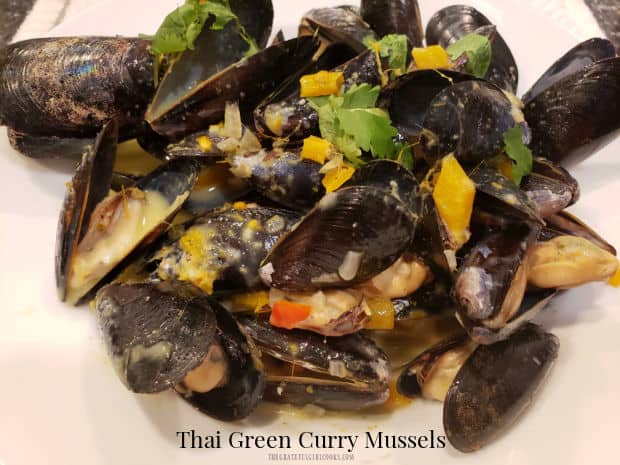 Thai Green Curry Mussels are a delicious dish! Mussels are served in a coconut curry sauce, with ginger, garlic, lime, shallots and peppers.