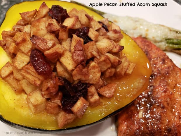 Apple Pecan Stuffed Acorn Squash is a yummy baked side dish filled with cranberries, brown sugar, butter, cinnamon, apples and pecans.