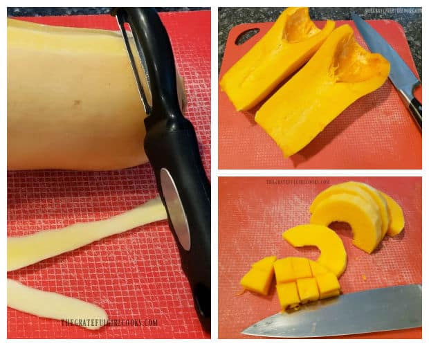 Butternut squash is peeled, halved, de-seeded, then cut into cubes.