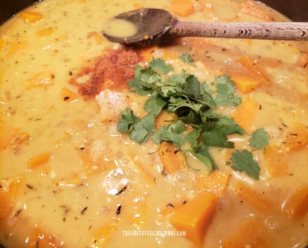 Cilantro, cayenne pepper and salt are stirred into butternut squash coconut curry.