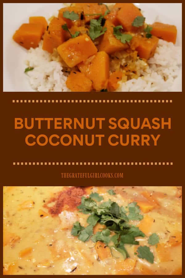 Butternut Squash Coconut Curry, served on a bed of rice, is a delicious,meatless dish, packed with flavor. Butternut Squash Coconut Curry, served on a bed of rice, is a delicious, meatless dish, packed with flavor. Simple recipe makes 4 servings.