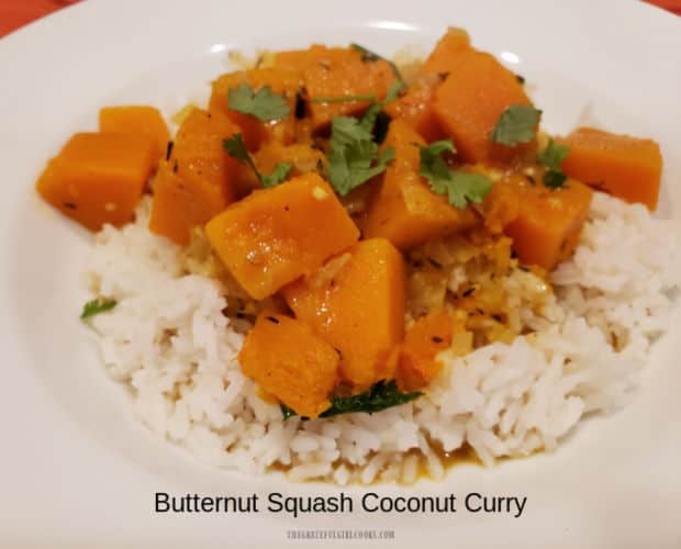 Butternut Squash Coconut Curry, served on a bed of rice, is a delicious, meatless dish, packed with flavor. Simple recipe makes 4 servings.