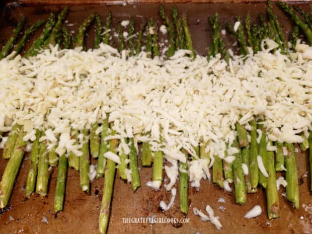 A layer of Parmesan and mozzarella cheeses are added to roasted asparagus.