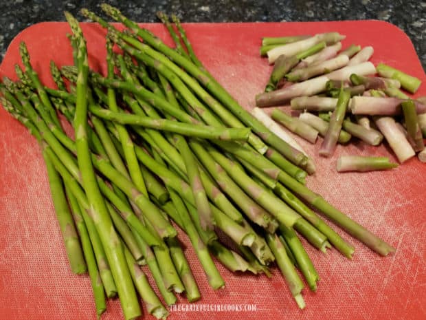 "Woody" ends of fresh asparagus are snapped or cut off.